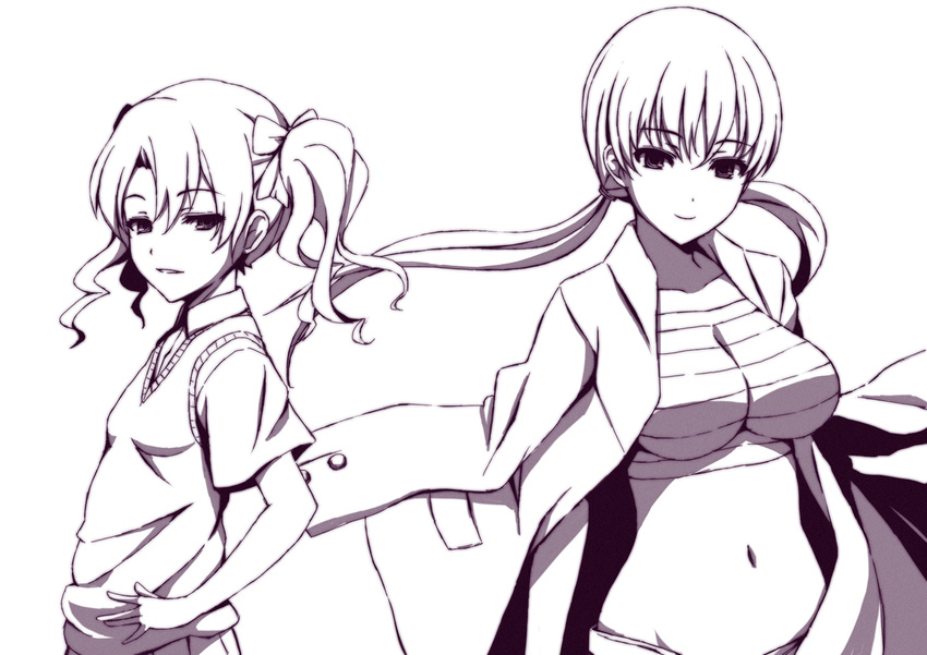 2girls bandages breasts chest_sarashi coat commentary_request hair_ribbon jacket jacket_on_shoulders kirigaoka_girls'_academy_school_uniform large_breasts long_hair midriff monochrome multiple_girls musujime_awaki navel no_emblem no_shirt open_clothes open_jacket photoshop_(medium) ribbon sarashi school_uniform shirai_kuroko small_breasts standing sweater_vest toaru_majutsu_no_index toaru_majutsu_no_index:_old_testament twintails upper_body wakame winter_uniform