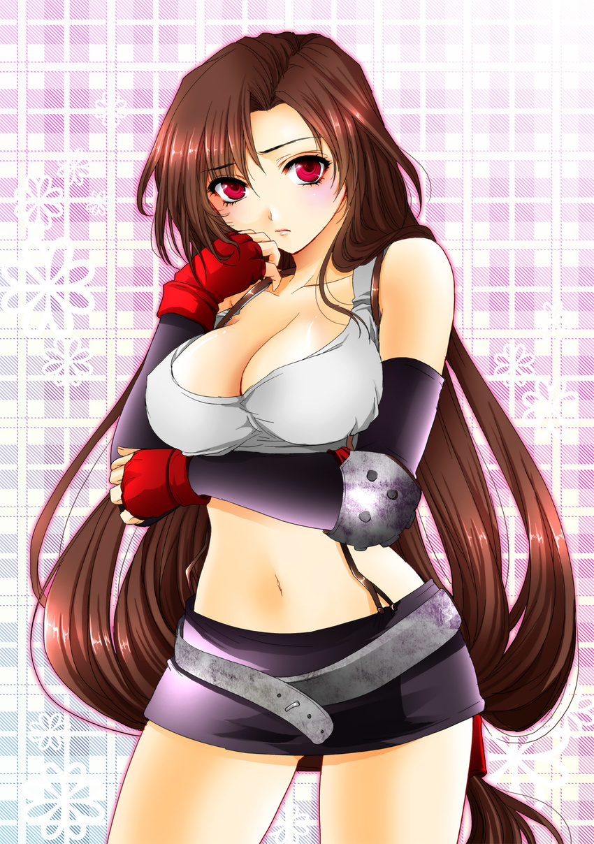 breasts brown_hair cleavage commentary_request crop_top female final_fantasy final_fantasy_vii fragran0live gloves highres large_breasts legs long_hair low-tied_long_hair midriff navel ponytail red_eyes skirt solo suspender_skirt suspenders thighs tifa_lockhart