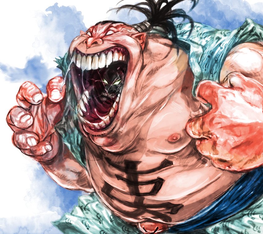 1boy bad_id bad_pixiv_id black_hair blank_eyes blood fat fat_man glowing glowing_eyes iwanbou japanese_clothes male_focus matsuba_(idiotlantern) nipples open_mouth ponytail rurouni_kenshin simple_background solo teeth x_navel