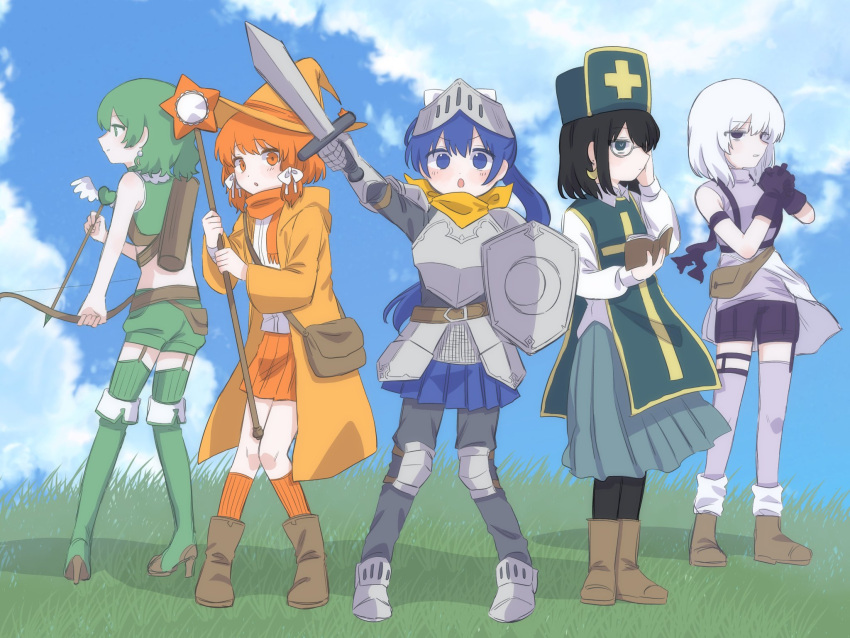 5girls :o adjusting_eyewear alternate_costume armor arrow_(projectile) bag bandana_around_arm belt black_hair black_pantyhose blue_eyes blue_hair blue_skirt blue_sky blush boots bow bow_(weapon) breastplate brown_belt brown_footwear cloud cloudy_sky coat collared_shirt commentary_request creator_connection crescent crescent_earrings crop_top daijoyuu-san_(synthesizer_v) day dear_my_witchcraft_(vocaloid) drop_earrings earrings expressionless fanny_pack faulds fist_in_hand full_body garter_straps gauntlets glasses gloves grass green_eyes green_footwear green_hair green_shirt green_shorts green_skirt green_tabard green_thighhighs grey_pants hairbow half-closed_eyes hat heart heart_arrow high_heel_boots high_heels highres holding holding_arrow holding_bow_(weapon) holding_shield holding_staff holding_sword holding_weapon hood hooded_coat iyowa_girls jewelry kinki-chan_(iyowa) kneehighs legs_together lineup long_hair long_skirt looking_at_viewer mage_staff medium_hair midriff multiple_girls multiple_hair_bows open_clothes open_coat orange_coat orange_eyes orange_hair orange_headwear orange_scarf orange_skirt orange_socks outdoors over!_(vocaloid) pants pants_under_skirt pantyhose pauldrons pearl_earrings pigeon-toed pleated_skirt poleyn ponytail profile purple_bandana purple_eyes purple_gloves purple_shirt purple_shorts purple_thighhighs quiver ribbed_socks ribbed_thighhighs sabaton sanpaku scarf scowl shield shirt short_shorts shorts shoulder_armor shoulder_bag skirt sky sleeveless sleeveless_shirt sleeveless_turtleneck socks songover staff standing sword synthesizer_v tabard tabun_owari_(vocaloid) tawari_(iyowa) thigh_boots thighhighs turtleneck v-shaped_eyebrows vocaloid waist_cape watashi_wa_kinki_(vocaloid) wavy_hair weapon white_bow white_hair white_shirt witch_hat yuu_(iyowa) zako_(zakodayo00)