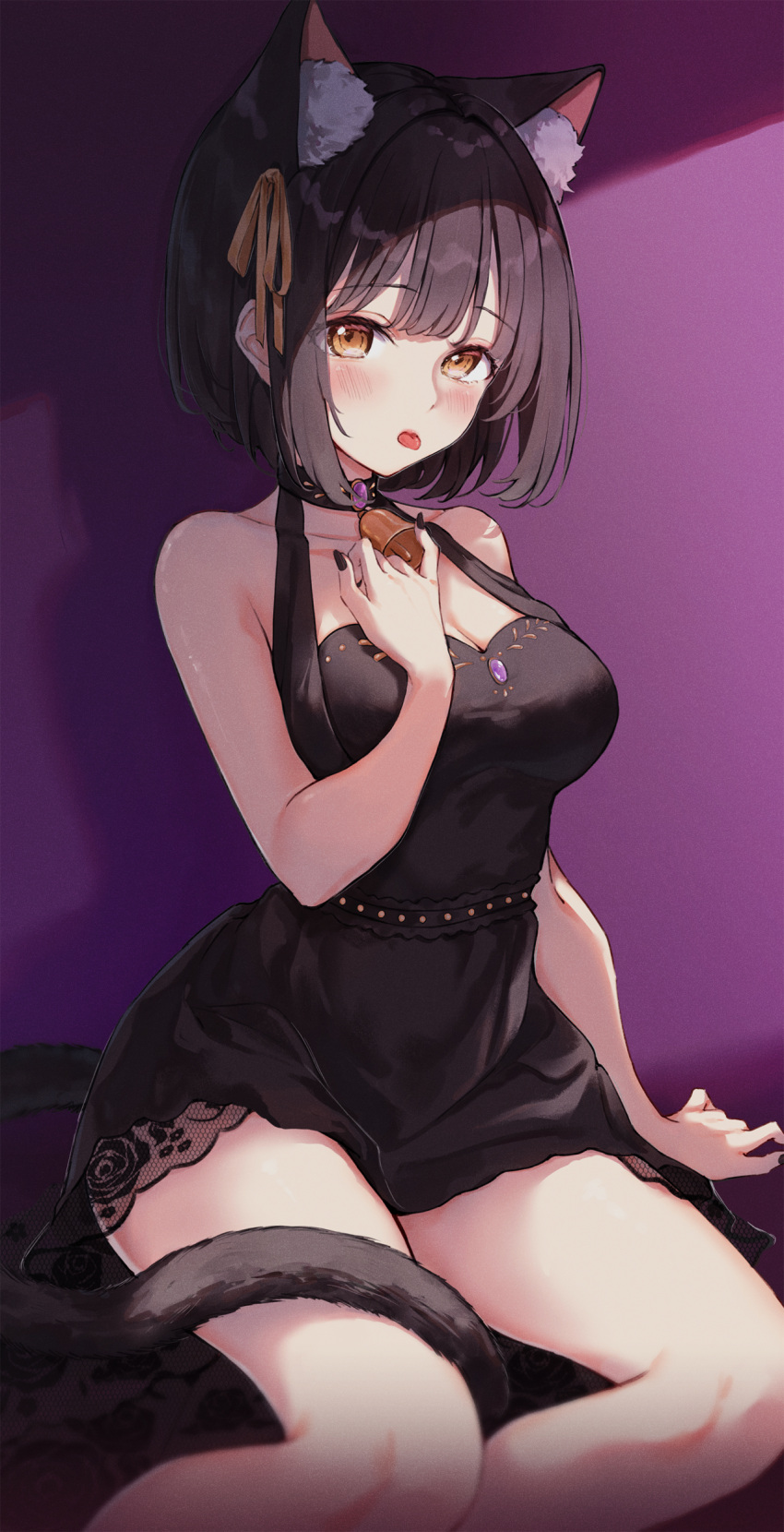 absurdres animal_ear_fluff animal_ears arm_support bare_legs bell black_dress black_hair blush breasts cat_ears cat_girl cat_tail chilia012 cleavage collarbone commentary dress extra_ears female fingernails floral_print hair_ribbon highres idolmaster idolmaster_cinderella_girls kemonomimi_mode looking_at_viewer medium_breasts nail_polish neck_bell ribbon short_hair simple_background sitting sleeveless sleeveless_dress solo symbol-only_commentary tail takafuji_kako tongue tongue_out