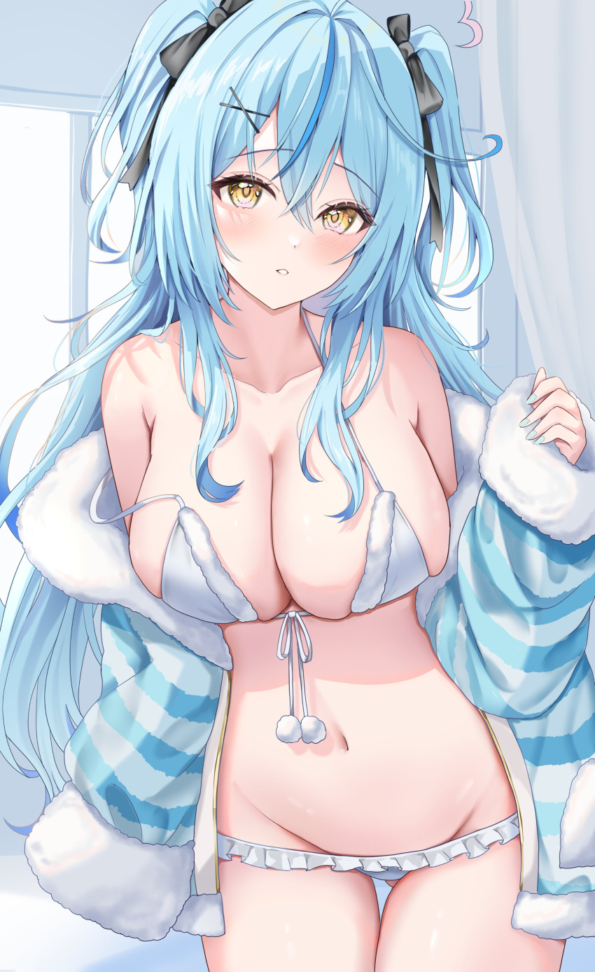 absurdres ahoge ass_visible_through_thighs bikini blue_hair blue_sweater blush breasts cleavage female frilled_bikini frills fur_trim hair_between_eyes heart heart_ahoge highres hololive large_breasts long_hair looking_at_viewer midriff navel off_shoulder solo sweater swimsuit two_side_up uni_ikura virtual_youtuber yellow_eyes yukihana_lamy