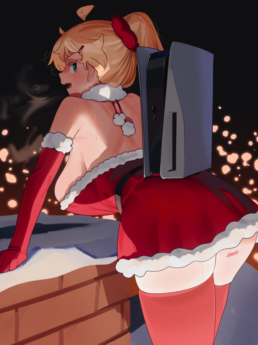 ahoge aqua_eyes artist_name ass back bent_over blonde_hair blush breasts breath chimney choker christmas cleavage cloud cowboy_shot dress elbow_gloves female florida-chan_(ryusei_hashida) from_side fur-trimmed_choker fur-trimmed_dress fur_trim game_console gloves hair_ornament hair_scrunchie hairclip highres large_breasts light_particles long_hair looking_at_viewer looking_to_the_side night night_sky object_on_ass on_ass on_roof original pink_thighhighs playstation_5 pom_pom_(clothes) ponytail red_dress red_gloves red_scrunchie ryusei_hashida santa_dress santa_gloves scrunchie short_dress sideboob sidelighting signature skindentation sky snow snowing solo strapless strapless_dress sweat thick_thighs thighhighs thighs veins veiny_breasts veiny_thighs zettai_ryouiki