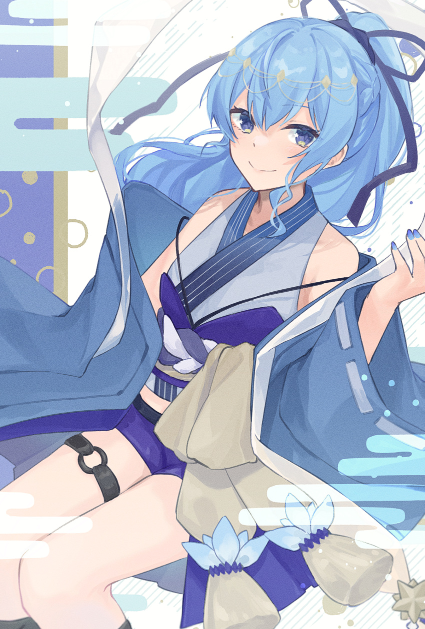 alternate_costume blue_eyes blue_hair commentary cropped_kimono egasumi female hair_ribbon highres hololive hoshimachi_suisei invisible_chair japanese_clothes kimono kotake_8 long_hair long_sleeves looking_at_viewer nail_polish o-ring o-ring_thigh_strap obi off_shoulder ponytail ribbon sash shorts sitting sleeveless sleeveless_kimono smile solo star_(symbol) star_in_eye symbol_in_eye tassel thigh_strap virtual_youtuber wide_sleeves