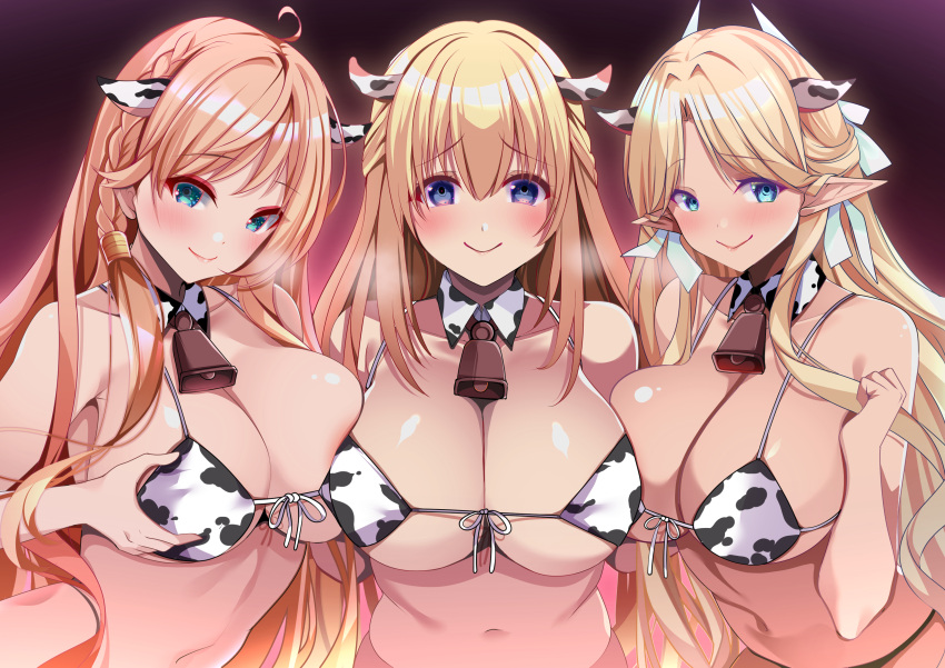 3girls absurdres animal_ears animal_print asymmetrical_docking azur_lane bell blonde_hair blue_eyes braid breast_press breasts brest_(azur_lane) cleavage color_connection commentary_request cow_ears cow_girl cow_print cowbell crossover detached_collar hair_color_connection highres howe_(azur_lane) long_hair look-alike multiple_girls neptune_(series) orange_hair origami_aya pointy_ears shiny_skin smile upper_body vert_(neptunia) very_long_hair