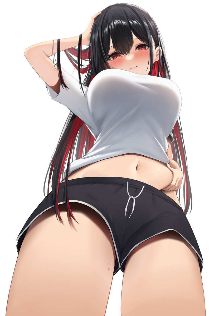 absurdres amane_sora arm_up belly belly_grab black_hair black_shorts blush breasts closed_mouth colored_inner_hair commentary_request dolphin_shorts female from_below hand_on_own_head highres large_breasts long_hair looking_at_viewer looking_down multicolored_hair navel original plump red_eyes red_hair shirt short_shorts short_sleeves shorts simple_background solo thighs two-tone_hair weight_conscious white_background white_shirt