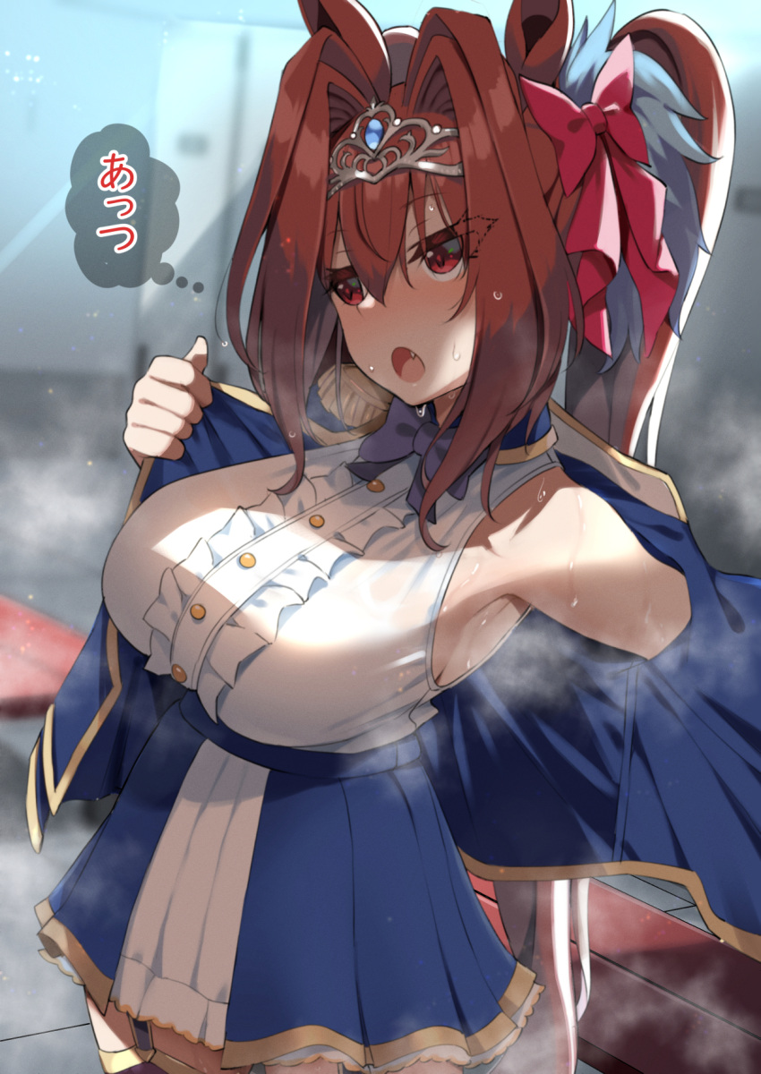 animal_ears armpits bare_shoulders blush breasts brown_hair commentary_request daiwa_scarlet_(umamusume) epaulettes fangs female highres horse_ears horse_girl large_breasts long_hair open_mouth red_eyes sasanon_(sasapoliton) smelly_armpits solo steaming_body sweat sweaty_armpits thighhighs tiara twintails umamusume undressing very_long_hair