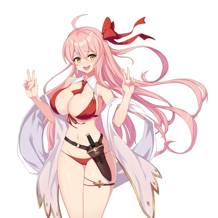 arms_up ascot bikini blush breasts character_request clothing_request double_v female highres knife knife_sheath large_breasts long_hair non-web_source official_art pink_hair red_ascot red_bikini red_ribbon ribbon sheath simple_background solo swimsuit sword_master_story v white_background yellow_eyes