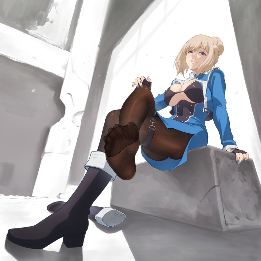 alpha_(rebuild_world) blonde_hair blue_eyes blue_nails boots breastless_clothes breasts crossed_legs feet female fingerless_gloves foot_focus gloves hair_bun hand_on_own_knee highres large_breasts mature_female military_uniform nail_polish pantyhose rebuild_world shoes single_shoe sitting smirk soles solo spread_toes toes uniform warabi_yuuzou