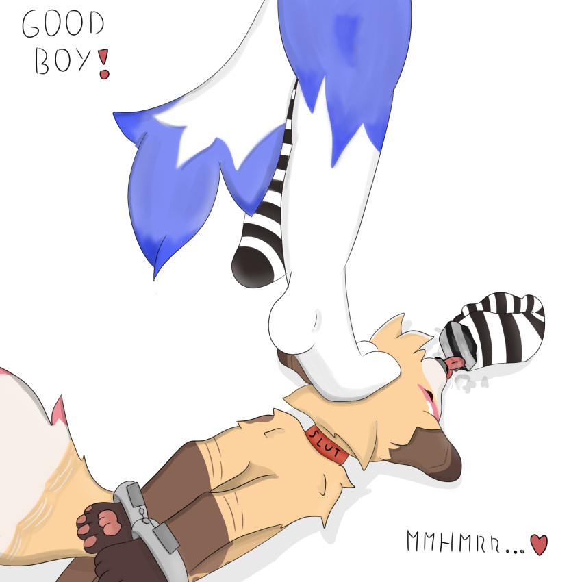 1:1 anthro canid clothing footwear good_boy hi_res legwear licking_thigh male male/male mammal socks thigh_highs