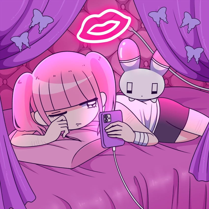 animal bandaged_arm bandages bed bed_sheet black_eyes black_shorts blunt_bangs cellphone curtains ezaki_bisuko female holding holding_phone jitome menhera-chan_(ezaki_bisuko) menhera-chan_(ezaki_bisuko)_(character) official_art one_eye_closed phone pillow pink_hair pink_theme purple_curtains rabbit self-harm_scar shirt short_twintails shorts smartphone solo twintails usatan_(ezaki_bisuko) white_shirt