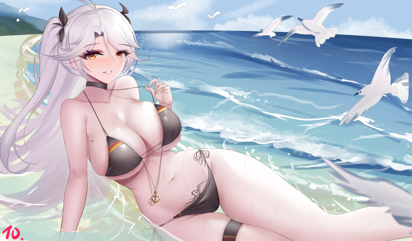 absurdres anchor_symbol antenna_hair azur_lane beach bikini bird black_bikini black_choker black_ribbon breasts brown_eyes choker cleavage cloud female grey_hair hair_between_eyes hair_ribbon highres large_breasts long_hair mole mole_on_breast nanoda002_(saber427) navel ocean prinz_eugen_(azur_lane) prinz_eugen_(unfading_smile)_(azur_lane) pubic_tattoo ribbon seagull shore side-tie_bikini_bottom sky solo swimsuit tattoo thigh_strap water wet