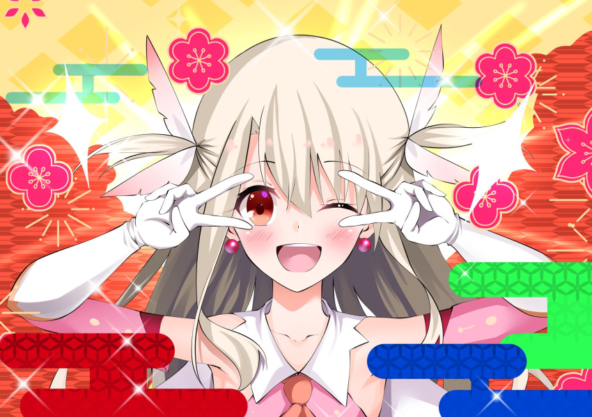 ascot bare_shoulders blush breasts cape double_v dress earrings egasumi elbow_gloves emotional_engine_-_full_drive fate/grand_order fate/kaleid_liner_prisma_illya fate_(series) feather_hair_ornament feathers female gloves hair_ornament highres illyasviel_von_einzbern jewelry layered_gloves long_hair looking_at_viewer open_mouth pei_iriya pink_dress pink_gloves prisma_illya red_eyes sidelocks small_breasts smile solo sparkle two_side_up v white_cape white_gloves white_hair