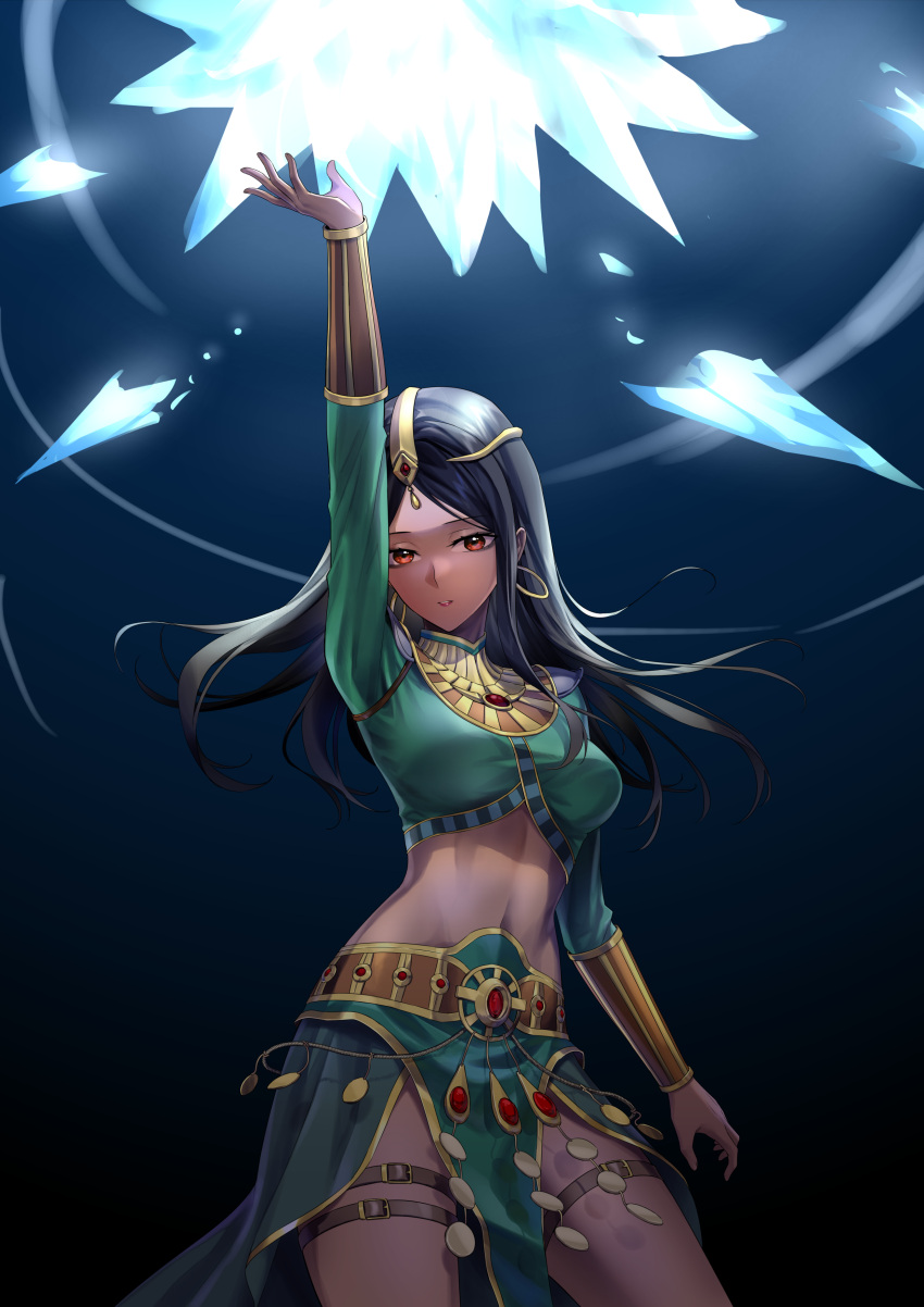 absurdres arm_up black_hair breasts commission cowboy_shot crop_top dark-skinned_female dark_skin diablo diablo_(series) diablo_2 earrings female gem green_shirt green_skirt highres hoop_earrings ice isendra_(diablo) jewelry long_hair long_sleeves looking_at_viewer magic medium_breasts midriff navel pixiv_commission red_eyes red_gemstone shirt skirt solo suprii