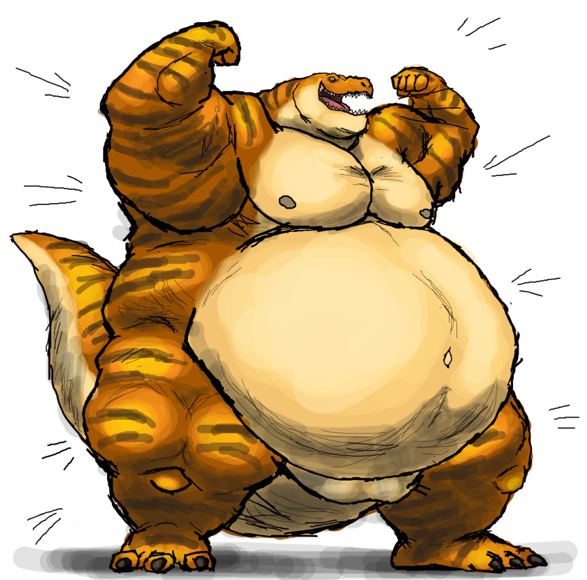 anthro belly big_belly comerboy75 dinosaur extinct fist flexing hi_res looking_at_viewer male moobs motion_lines musclegut muscular muscular_anthro muscular_male navel nipples nude obese open_mouth overweight overweight_anthro overweight_male prehistoric_species raised_arm raised_arms raised_fist reptile scalie smile solo standing tail teeth theropod thick_thighs tyrannosaurid tyrannosauroid tyrannosaurus tyrannosaurus_rex