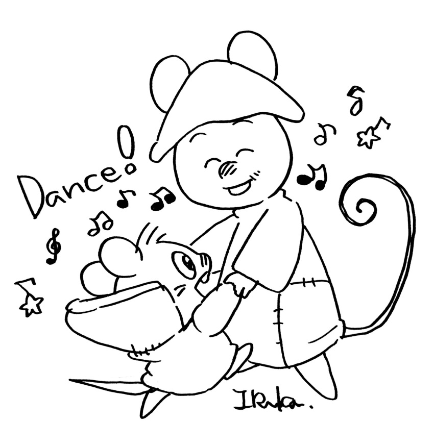 biped chibi chuuta closed_eyes clothing dancing duo exclamation_point gamba_no_bouken gamba_no_bouken_(series) hat headgear headwear hi_res mammal monochrome mouse murid murine musical_note rodent sangobouro shijin simple_background smile text white_background