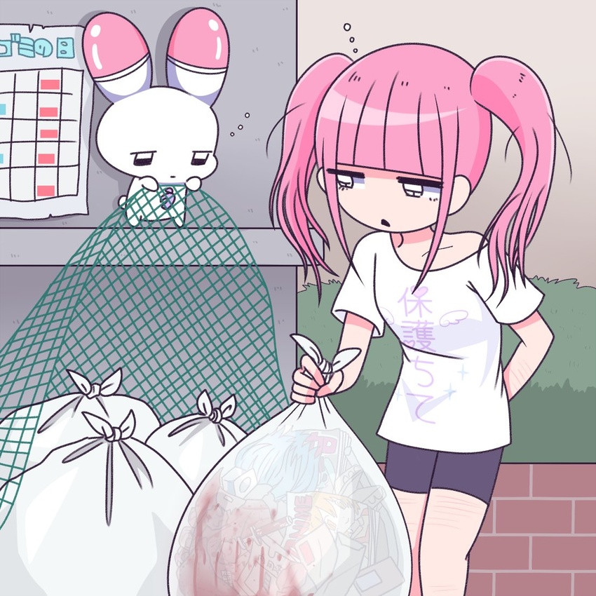 animal arm_behind_back bag black_eyes black_shorts blood blood_stain blunt_bangs brick_wall bush collarbone ezaki_bisuko female holding holding_bag jitome menhera-chan_(ezaki_bisuko) menhera-chan_(ezaki_bisuko)_(character) messy_hair net official_art open_mouth pink_hair print_shirt rabbit self-harm_scar shirt short_twintails shorts sidelocks solo trash_bag triangle twintails usatan_(ezaki_bisuko) white_shirt