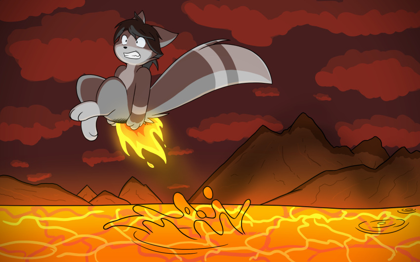 16:10 anthro ass black_hair burning butt_on_fire detailed_background digital_media_(artwork) domestic_cat felid feline felis fire fur grey_body grey_fur hair hi_res jineko_(artist) jineko_(character) lava male mammal multicolored_body multicolored_fur pain solo tail two_tone_body two_tone_fur widescreen