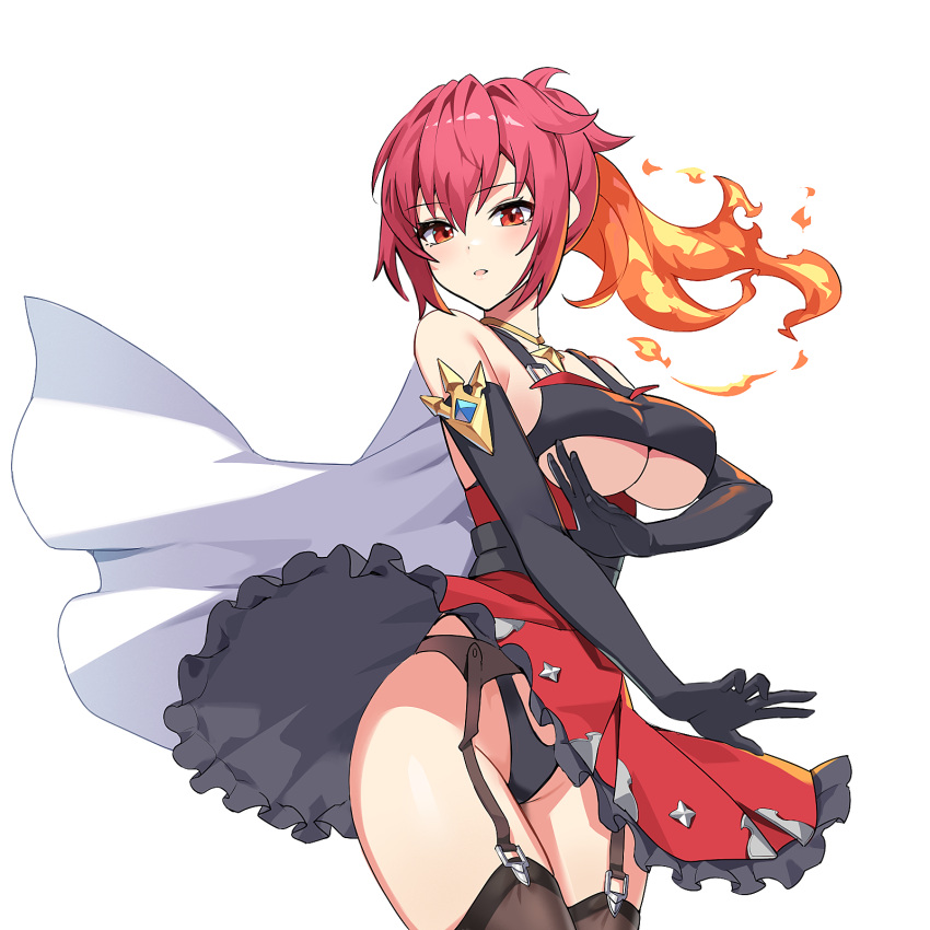 bad_id bad_pixiv_id breasts female fiery_hair garter_belt highres ifrit_(sword_master_story) large_breasts md5_mismatch panties pantyshot ponytail resolution_mismatch simple_background solo source_larger sword_master_story transparent_background underwear wind wind_lift yangjongu