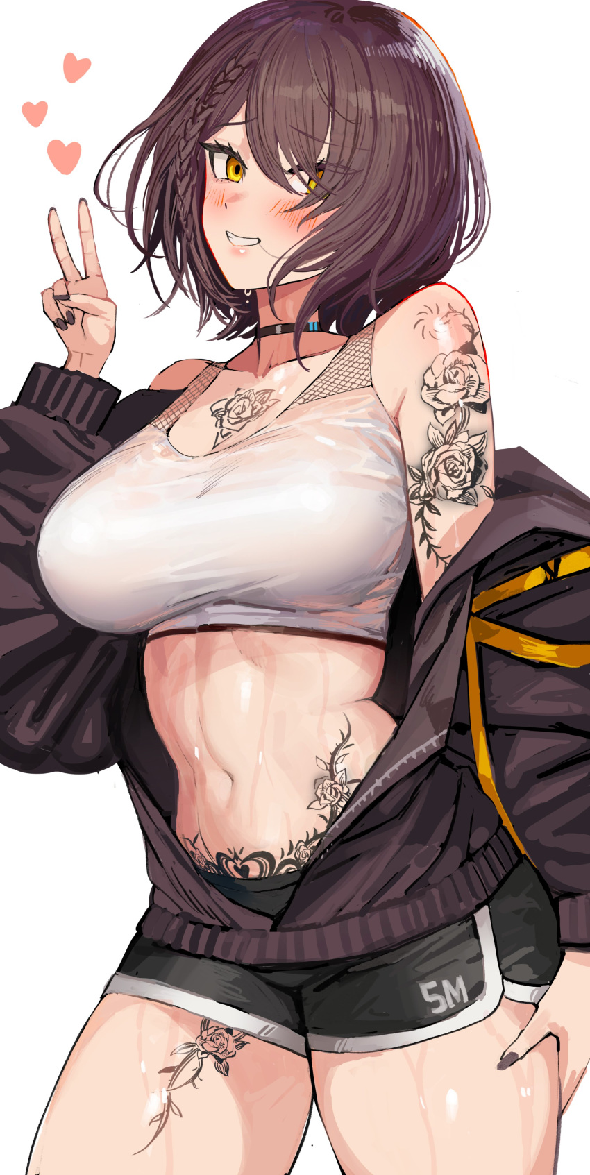 absurdres azur_lane baltimore_(azur_lane) baltimore_(black_ace)_(azur_lane) bare_shoulders black_choker black_jacket black_nails black_shorts braid breasts brown_hair choker commentary_request cowboy_shot crop_top female hand_up heart highres jacket kaki_z3 large_breasts long_sleeves midriff nail_polish navel off_shoulder official_alternate_costume short_hair short_shorts shorts shoulder_tattoo simple_background solo sports_bra standing stomach stomach_tattoo tattoo thighs v white_background yellow_eyes