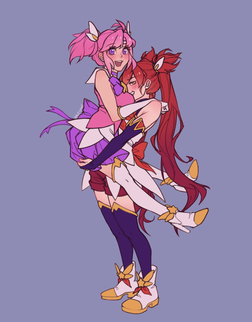 12chun 2girls absurdres alternate_hairstyle bare_shoulders blue_background blush carrying carrying_person choker elbow_gloves fingerless_gloves gloves had_a_dream_everyone_was_drawing_lesbian_ships_like_this_(meme) hair_ornament highres jinx_(league_of_legends) league_of_legends long_hair looking_at_viewer lux_(league_of_legends) magical_girl meme multiple_girls official_alternate_costume open_mouth purple_eyes red_hair simple_background smile star_guardian_(league_of_legends) star_guardian_jinx star_guardian_lux thighhighs twintails very_long_hair yuri