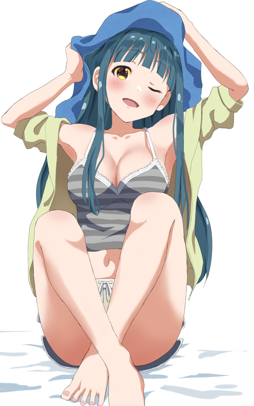 absurdres blue_hair breasts brown_eyes camisole cleavage collarbone female grey_camisole haruki_(haruki678) highres idolmaster idolmaster_million_live! kitakami_reika large_breasts light_blush long_hair looking_at_viewer one_eye_closed open_mouth short_shorts shorts sitting smile solo striped_camisole towel