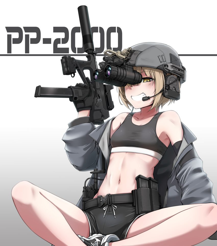 black_gloves black_shorts black_sports_bra blonde_hair breasts collarbone combat_helmet commentary_request dolphin_shorts ear_protection female gloves grey_jacket grin gun helmet highres jacket long_sleeves looking_at_viewer magazine_(weapon) medium_hair microphone navel night_vision_device off_shoulder open_mouth optical_sight original pp-2000 radio sekino_takehiro shoes shorts sitting small_breasts smile solo sports_bra submachine_gun suppressor teeth trigger_discipline weapon yellow_eyes