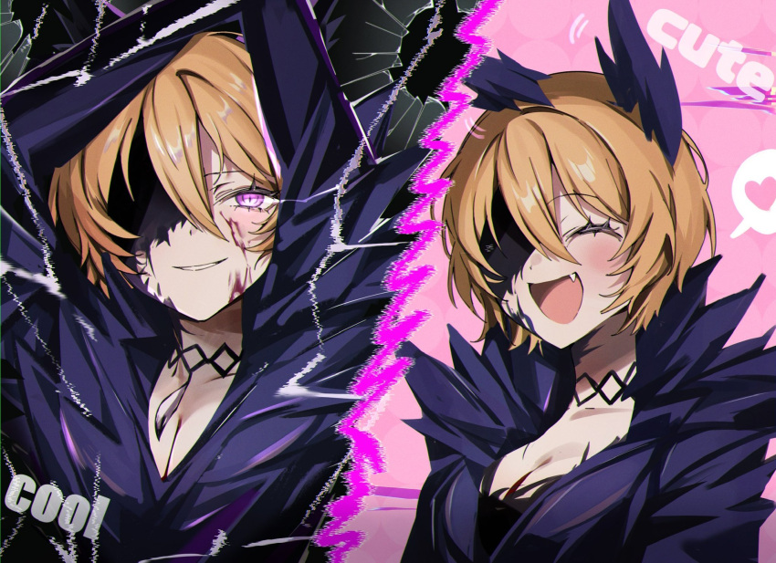 blonde_hair breasts closed_eyes don_quixote_(project_moon) e.g.o_(project_moon) female highres large_breasts limbus_company looking_at_viewer mu46016419 project_moon purple_eyes sharp_teeth short_hair smile teeth