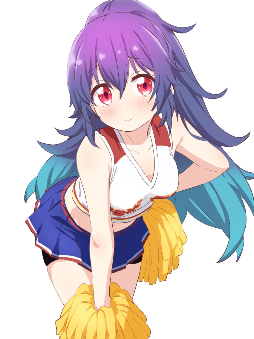 absurdres blush breasts cheerleader closed_mouth collarbone female gradient_hair hair_between_eyes highres hoshikuzu_telepath konohoshi_umika long_hair looking_at_viewer midriff multicolored_hair navel pom_pom_(cheerleading) purple_hair red_eyes simple_background small_breasts solo warukusu white_background