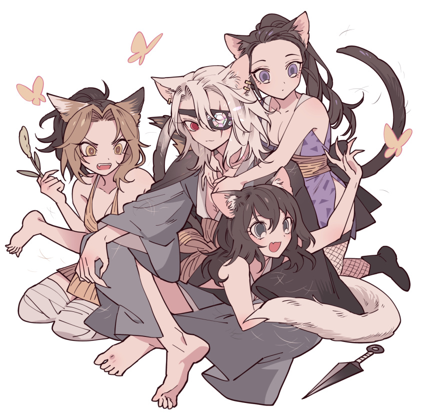 1boy 3girls :d animal_ear_fluff animal_ears annoyed arm_up bad_id bad_pixiv_id bandaged_leg bandages bare_shoulders barefoot black_hair blonde_hair breasts bug butterfly cat_boy cat_ears cat_girl cat_tail cleavage eyepatch fishnet_thighhighs fishnets grey_kimono hair_pulled_back harem highres hinatsuru_(kimetsu_no_yaiba) husband_and_wife husband_and_wives japanese_clothes kemonomimi_mode kimetsu_no_yaiba kimono kunai large_breasts long_hair long_sleeves looking_at_another lying_on_lap makio_(kimetsu_no_yaiba) meremero mole mole_under_eye multicolored_hair multiple_girls oerba_yun_fang open_mouth polygamy ponytail purple_eyes red_eyes simple_background sitting sleeveless sleeveless_kimono smile suma_(kimetsu_no_yaiba) tail thighhighs two-tone_hair uzui_tengen weapon white_background white_hair