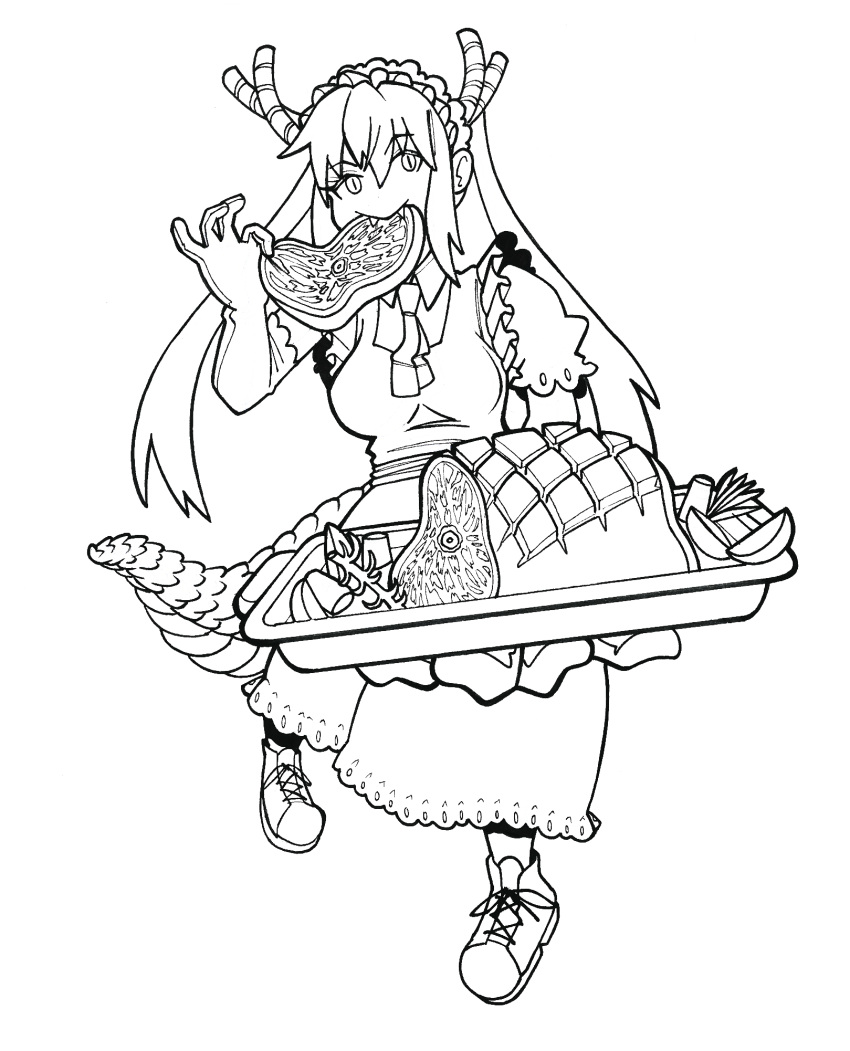 animal_humanoid autenticovadito bite black_and_white clothing dragon dragon_humanoid dragon_tail dress female food footwear hi_res horn humanoid ink line_art looking_at_viewer maid_uniform marker_(artwork) meat miss_kobayashi's_dragon_maid monochrome mythological_creature mythological_scalie mythology necktie scalie shoes simple_background solo tail tohru_(dragon_maid) traditional_media_(artwork) twintails uniform white_background