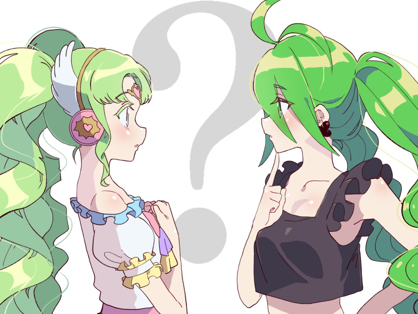 2girls ? ahoge bare_shoulders black_shirt breasts colored_eyelashes cropped_shirt crossover drill_hair earrings eye_contact falulu falulu_(awakened) finger_to_own_chin forehead_jewel from_side green_eyes green_hair grey_eyes hair_between_eyes hand_up headphones highres idol_clothes jewelry long_hair look-alike looking_at_another medium_breasts multiple_girls otogami_mimin parted_bangs parted_lips pppppp pretty_series pripara profile shirt simple_background tsujii_luki twin_drills upper_body very_long_hair white_background wing_hair_ornament