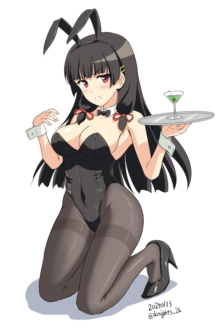 alternate_costume animal_ears bare_shoulders black_hair black_leotard black_pantyhose blush breasts cleavage cocktail cocktail_glass covered_navel cup dated detached_collar drinking_glass embarrassed fake_animal_ears female hair_ribbon highres isokaze_(kancolle) kantai_collection kishi_nisen kneeling leotard long_hair looking_at_viewer martini medium_breasts olive pantyhose playboy_bunny rabbit_ears red_eyes ribbon simple_background solo strapless strapless_leotard tray tress_ribbon twitter_username