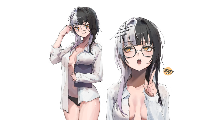 absurdres black_hair black_panties blunt_bangs book breasts breasts_apart collared_shirt commentary female grey_hair grin hair_ornament highres holding holding_book hololive hololive_english index_finger_raised large_breasts long_hair long_sleeves looking_at_viewer looking_up medium_breasts multicolored_hair multiple_views nerd_emoji newbie_(newbie_132) open_clothes open_shirt panties playing_with_own_hair shiori_novella shirt simple_background smile split-color_hair symbol-only_commentary underwear virtual_youtuber white_background white_shirt yellow_eyes