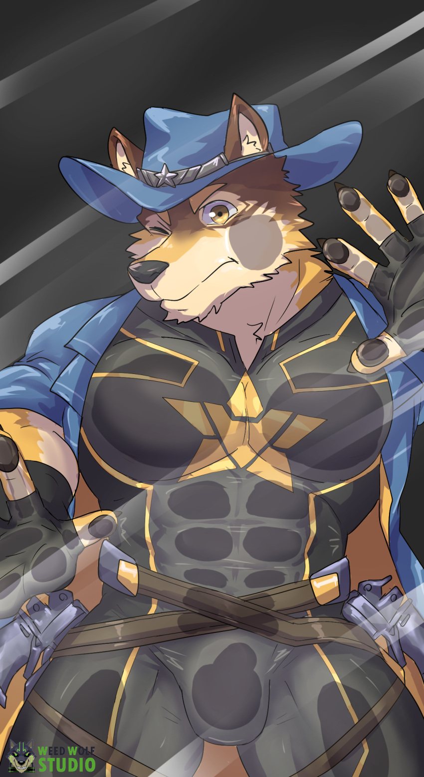 1boy abs against_glass animal_ears bara barrel_(live_a_hero) black_bodysuit bodysuit brown_fur bulge bulge_on_glass bulge_press cheek_on_glass cowboy_shot dog_boy dog_ears fingerless_gloves furry furry_male gloves hand_on_glass hat highres large_pectorals live_a_hero looking_at_viewer male_focus muscular muscular_male one_eye_closed orange_fur pectoral_press pectorals pectorals_on_glass short_hair solo stomach_on_glass thick_eyebrows weedwolfeatmeat