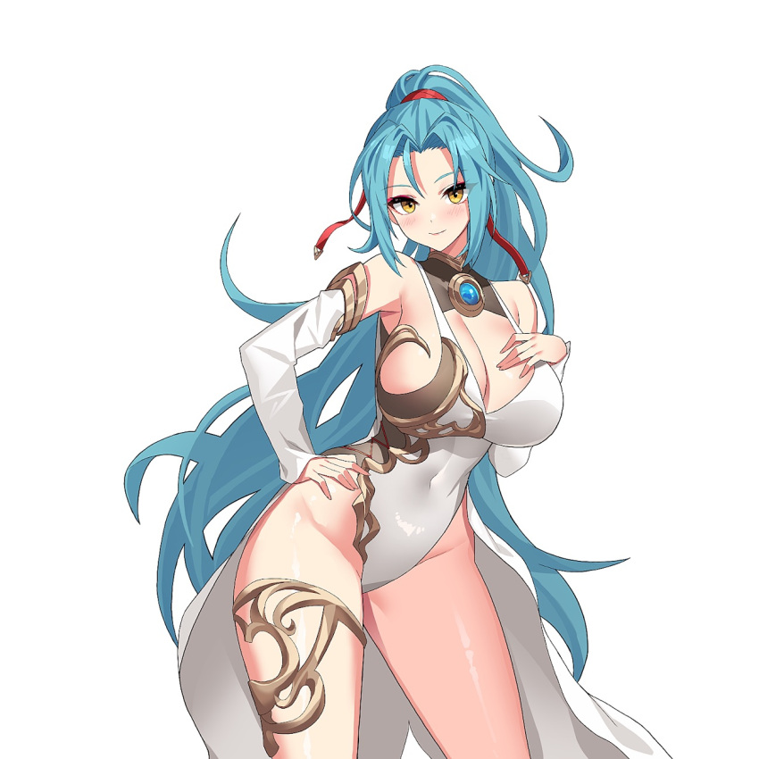 aqua_hair bare_hips bare_shoulders blush breasts cape cleavage covered_navel cowboy_shot detached_sleeves female hair_ribbon hand_on_own_chest hand_on_own_hip highres large_breasts leotard long_hair looking_at_viewer non-web_source official_art ponytail red_ribbon ribbon simple_background smile solo sword_master_story tethys_(sword_master_story) thigh_strap thighs white_background white_cape white_leotard white_sleeves yellow_eyes