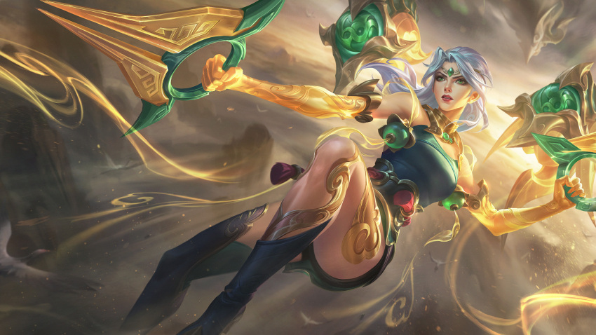 breasts cleavage cloud detached_sleeves dust english_commentary female fingernails flying foot_out_of_frame green_eyes highres holding holding_weapon kai'sa league_of_legends league_of_legends:_wild_rift light_particles long_hair looking_ahead lunar_fairy_kai'sa official_alternate_costume official_alternate_hairstyle official_art parted_bangs parted_lips rock solo sunlight weapon white_hair