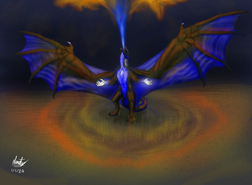 athletic big_wings bright_light claws digitigrade dragon elemental_creature elements_(elementusmetta) elementusmetta energy european_mythology feral glowing glowing_chest glowing_claws hi_res horn intimidation male membrane_(anatomy) membranous_wings mythological_creature mythological_scalie mythology pose power-up reptile sand scalie signature simple_background solo standing tail western_dragon wings