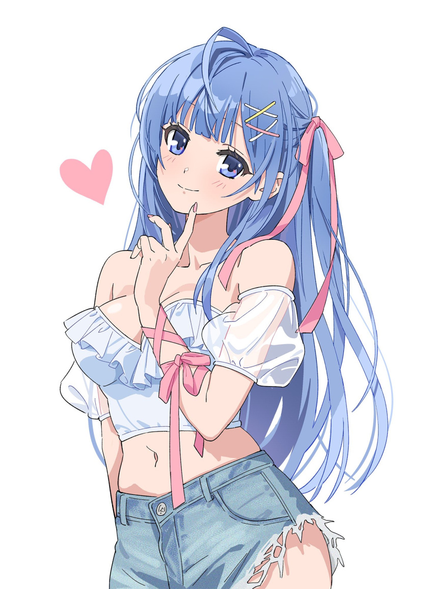 ahoge blue_eyes blue_hair blue_shorts blush breasts cleavage commission crop_top denim denim_shorts detached_sleeves female hair_ornament hair_ribbon heart highres indie_virtual_youtuber large_breasts long_hair midriff moya_(toatomoot) nagatabi_fuuka navel pink_nails pink_ribbon ribbon see-through see-through_sleeves shirt shorts simple_background skeb_commission smile solo strapless strapless_shirt virtual_youtuber white_background white_shirt x_hair_ornament