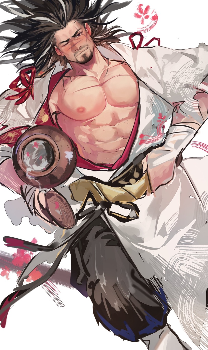 1boy abs alcohol bara bare_pectorals blush cup facial_hair from_above goatee highres japanese_clothes kimono knee_up kuroshima_kurishiro_(muyi24108414) large_pectorals long_hair looking_at_viewer lying male_focus mature_male multicolored_hair muscular muscular_male mustache_stubble navel nipples on_back one_eye_closed open_clothes open_kimono original pectorals petals sakazuki sake scar scar_on_chest seductive_smile smile solo stomach streaked_hair stubble thick_eyebrows tokkuri unfinished white_kimono