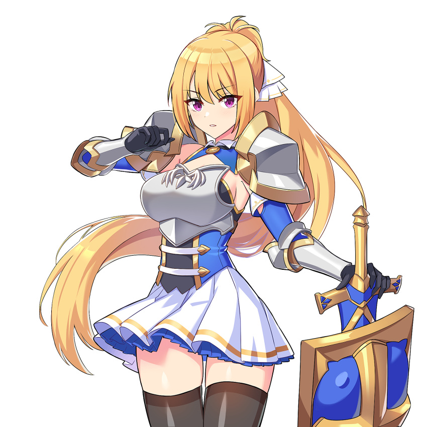 airi_(sword_master_story) armor artist_request black_gloves blonde_hair breasts female gloves highres holding holding_sword holding_weapon large_breasts long_hair looking_at_viewer miniskirt non-web_source official_art pauldrons ponytail purple_eyes shield shoulder_armor simple_background skirt solo source_request sword sword_hilt sword_master_story thighhighs weapon white_background