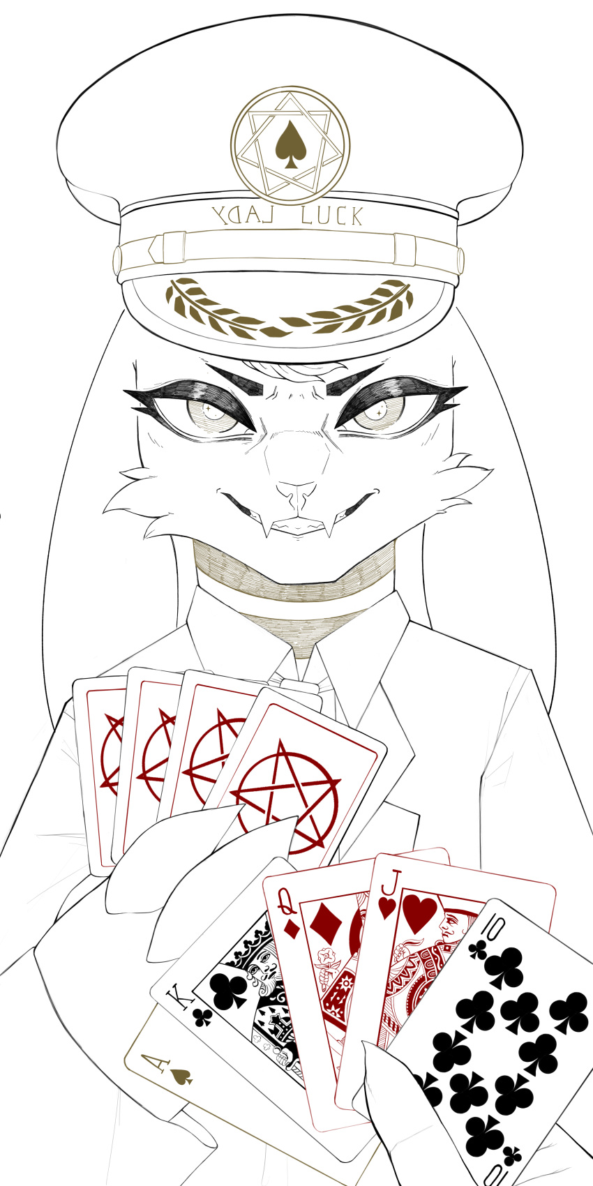 1:2 2022 absurd_res ace_of_spades ambiguous_gender anthro backwards_text biped black_text bovid caprine caprine_demon captain_hat cc-by-sa cheek_tuft claws clothed clothed_ambiguous clothed_anthro clothing clubs_(suit) creative_commons demon diamonds_(suit) digital_drawing_(artwork) digital_media_(artwork) ears_down eyebrows eyelashes eyeshadow facial_tuft fangs finger_claws first_person_view floppy_ears fur fur_tuft glistening glistening_eyes goat goat_demon hair hat headgear headwear hearts_(suit) heptagram hi_res inverted_pentagram line_art looking_at_viewer makeup mammal neck_stripes nonbinary_(lore) number occult_symbol pentagram pivoted_ears possumcrimes pupils red_text restricted_palette royal_flush scp-6159-2 scp_foundation simple_background solo spades_(suit) story_at_source striped_neck suit_symbol symbol teeth text text_on_clothing text_on_hat text_on_headwear tuft white_background whore_of_blood yellow_text