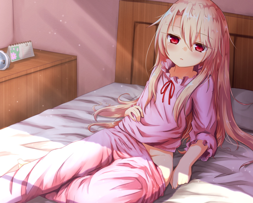 arm_support baram bed bed_sheet blonde_hair calendar_(object) commentary_request fate/kaleid_liner_prisma_illya fate_(series) female hair_between_eyes half-closed_eyes illyasviel_von_einzbern indoors long_hair long_sleeves looking_at_viewer no_panties on_bed pajamas pajamas_pull pillow reclining red_eyes red_ribbon ribbon sidelocks sitting solo sunlight