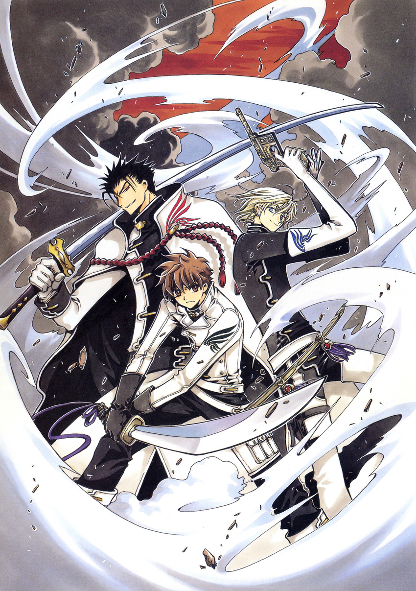 3boys absurdres black_gloves black_hair blonde_hair brown_eyes brown_hair clamp_(circle) fai_d._flowright gloves gun handgun highres holding holding_gun holding_sword holding_weapon katana kurogane_(tsubasa_chronicle) long_hair male_focus multiple_boys outdoors smile sword tsubasa_chronicle two-handed two-handed_sword weapon xiaolang