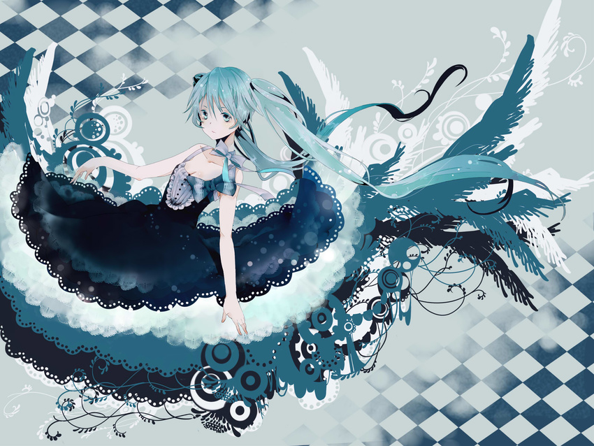 aqua_eyes aqua_hair bati15 bow breasts checkered_background cleavage commentary_request dress female hatsune_miku highres long_hair medium_breasts solo twintails very_long_hair vocaloid