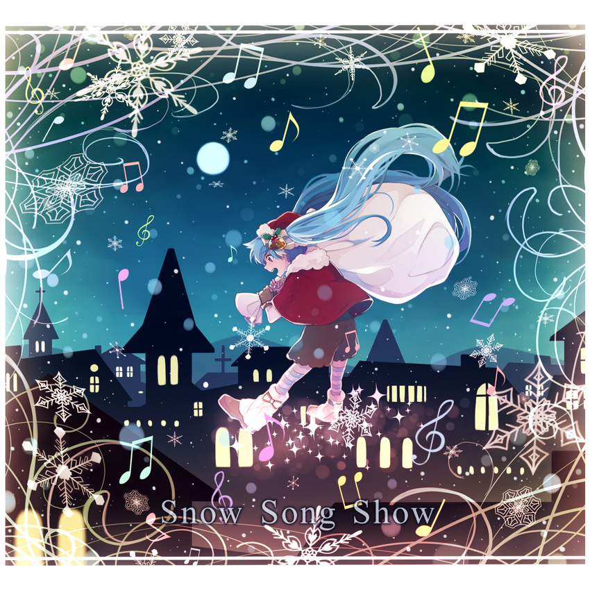 bad_id bad_pixiv_id bell blue_eyes blue_hair christmas cityscape female fingerless_gloves floating_hair gloves hat hatsune_miku highres holly hoshiyui_tsukino long_hair musical_note open_mouth sack santa_hat solo striped_clothes striped_thighhighs thighhighs twintails very_long_hair vocaloid