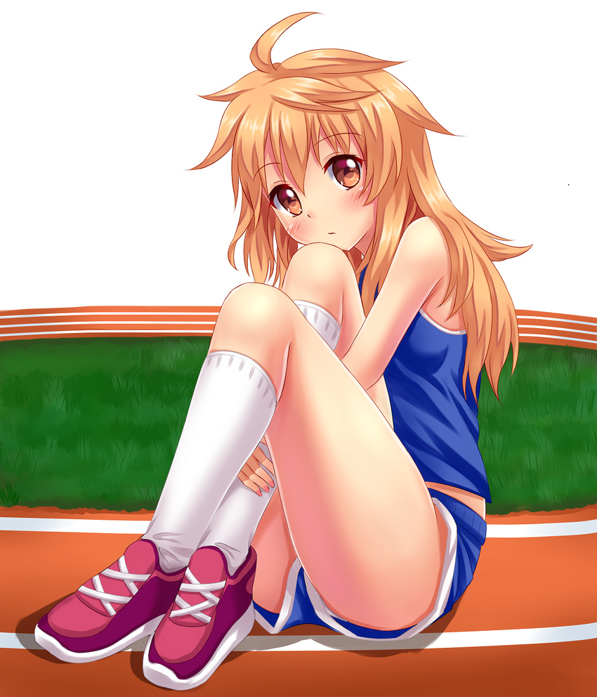 ahoge artist_self-insert blonde_hair blush brown_eyes commentary english_commentary female full_body grass highres knee_to_face kneehighs long_hair looking_at_viewer nail_polish nottytiffy original pink_nails red_footwear shirt shoes shorts simple_background sitting sleeveless sleeveless_shirt socks solo sportswear thighs tiffy_(nottytiffy) track_and_field track_uniform white_background white_socks