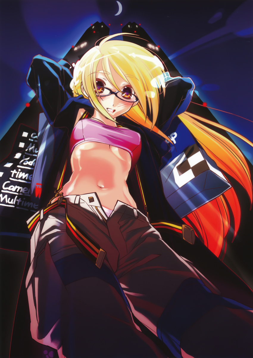 absurdres bandeau blonde_hair bolze breasts crescent_moon female glasses gradient_hair highres long_hair medium_breasts moon multicolored_hair orange_eyes orange_hair original pants photoshop_(medium) solo tower underboob very_long_hair