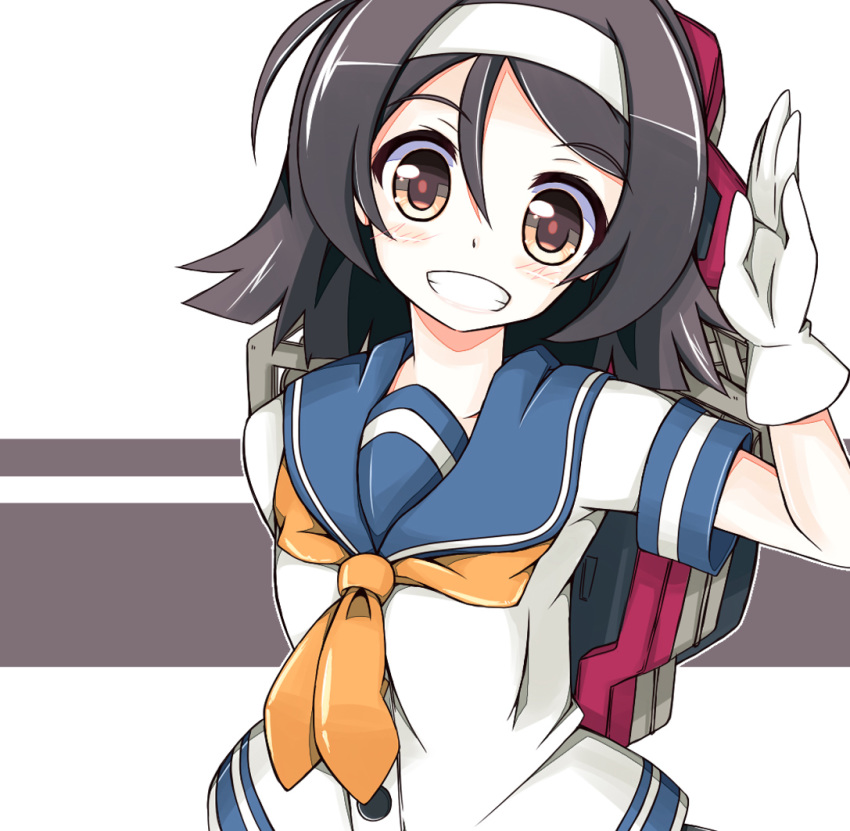 black_hair commentary_request female gloves hairband kantai_collection nanashino_(nanasino101) neckerchief photoshop_(medium) school_uniform serafuku short_hair short_sleeves smile solo tanikaze_(kancolle) white_gloves white_hairband yellow_eyes