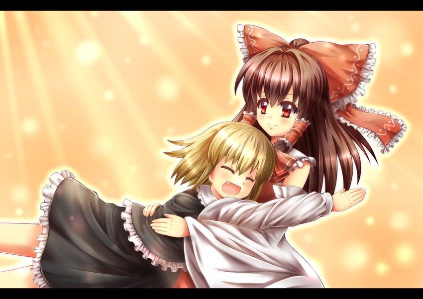 2girls black_skirt blonde_hair blouse bow brown_hair closed_eyes commentary_request detached_sleeves divinebuster12 glomp hair_ribbon hair_tubes hairbow hakurei_reimu hug letterboxed long_hair multiple_girls oerba_yun_fang open_mouth osana_reimu outstretched_arms red_bow red_eyes red_ribbon reireimu ribbon rumia shirt short_hair skirt smile touhou vest white_shirt